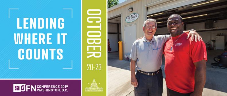 Graphic for the OFN 2019 Conference with image of two happy men standing in front of a car detailing business