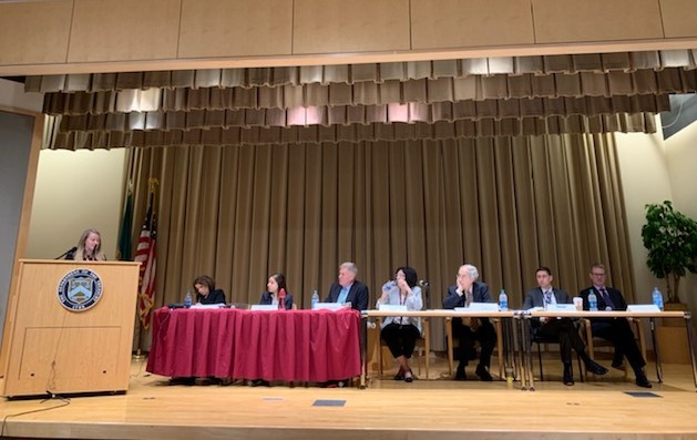 Mary Scott Balys testifies at the podium in front of a panel of people.