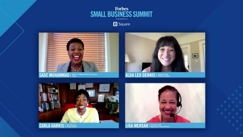 Four smiling women on a virtual call at the Forbes Small Business Summit.