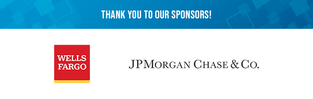 Banner with the text "Thank to our sponsors!" with the Wells Fargo logo and JP Morgan Chase logo