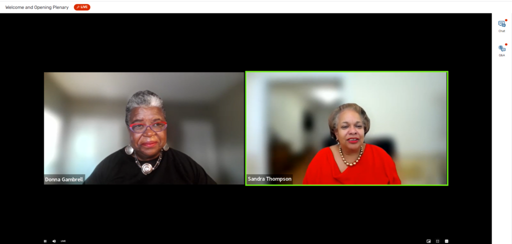 Screenshot of Donna Gambrell and Sandra Thompson speaking at the Welcome and Opening Plenary