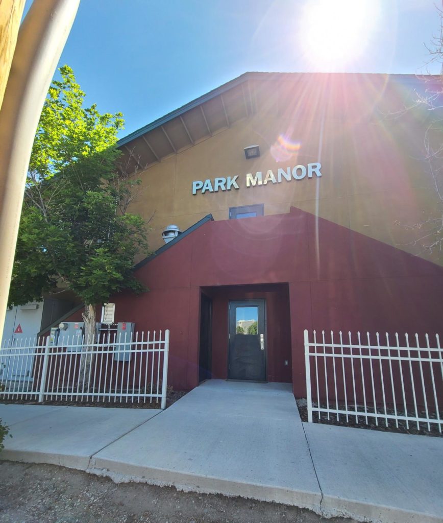 The entrance of a large building