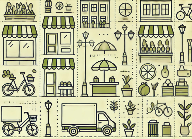 Busy storefront streetscape, entrepreneur in operation, local commerce activity in shades of green