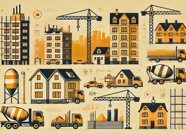 Housing construction, development site, building production activity in shades of orange