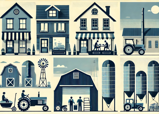 Rural Main Street, farm or manufacturing operation, rural production economy in shades of blue
