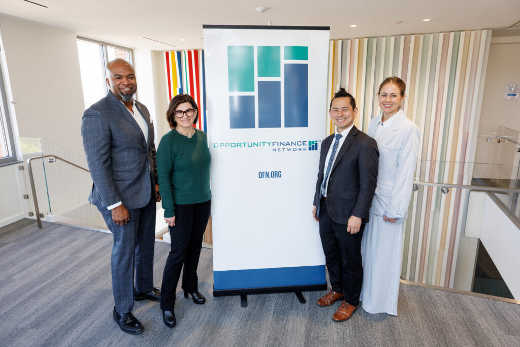 (From left to right) OFN CEO Harold Pettigrew, and from Prosperity Now, Marissa Calderon, Dave Uejo, and Chrissy Johnson. Chrissy presented Prosperity Now’s solution to create a data and capital infrastructure platform that streamlines data collection to expand access to secondary markets for CDFIs.