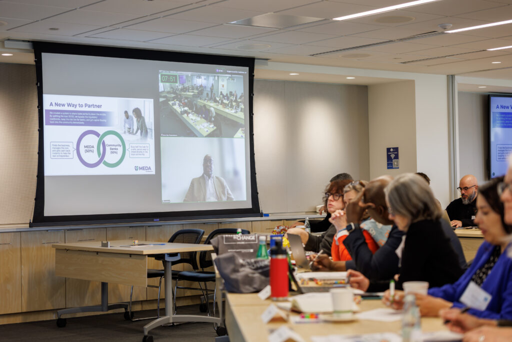 Presenting virtually, Adrian Ruddock and Catherine McCarthy shared MEDA’s framework to sell CDFI-originated loans to community banks to unlock liquidity and increase capital flow to small businesses.