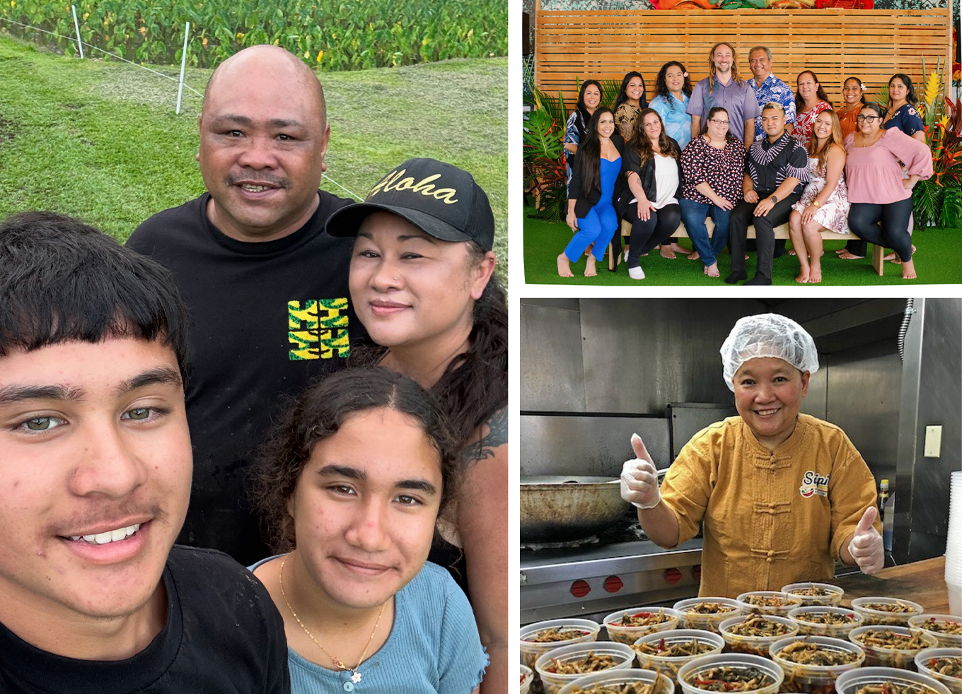 Collage of AANHPI entrepreneurs and community members supported by OFN member CDFIs. Body: (1) Za Nei Thuai “Suipi” at Suipi’s East End Eatery, Battle Creek, MI. (2) Kahea Kaaihili at Mokuwai Piko Poi taro farm, Honokaa, Hawaiʻi. (3) Hawaiʻi Community Lending homebuilding on Hawaiian Homelands.
