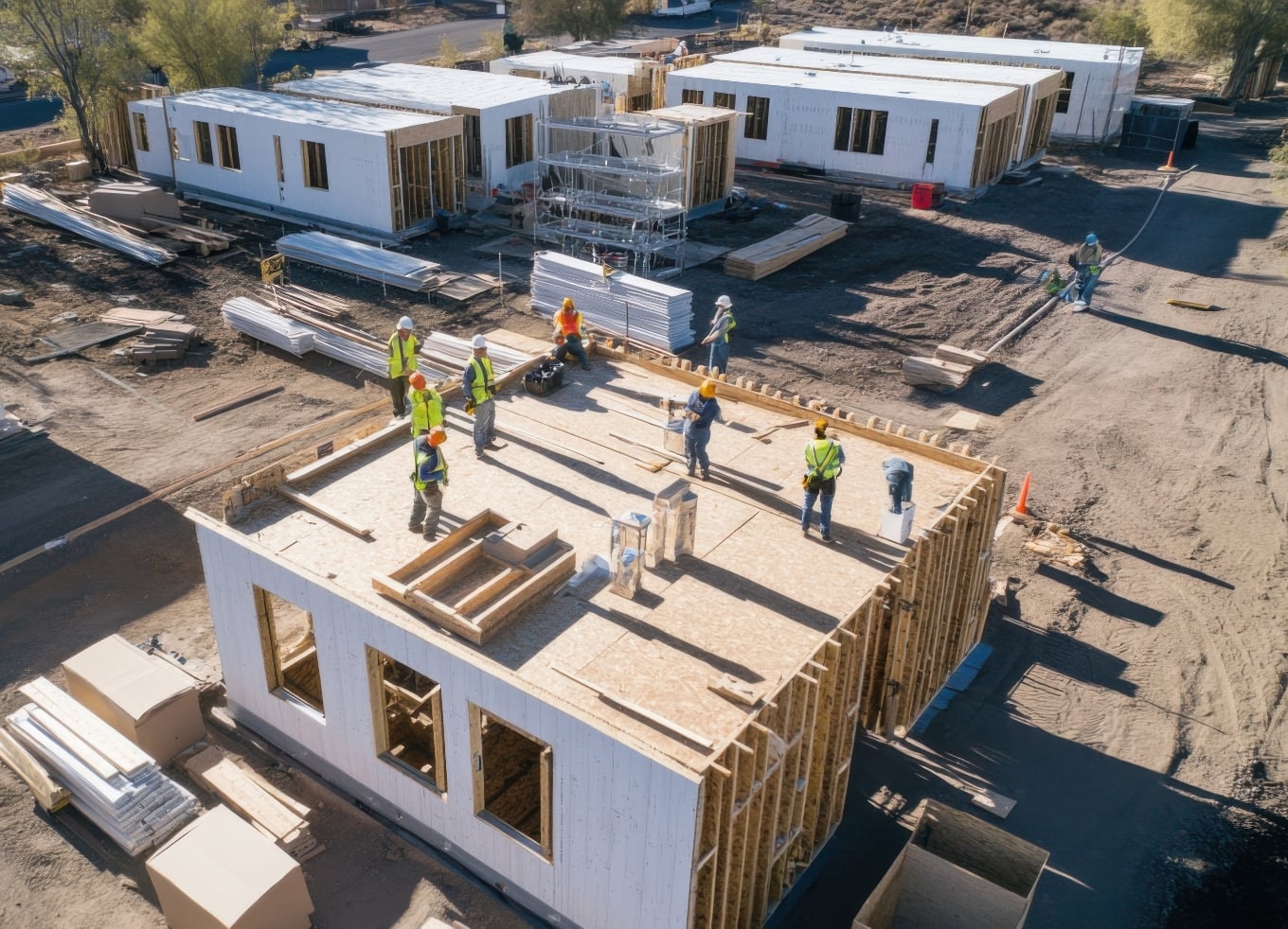 Aerial view of housing construction.